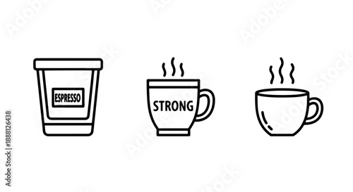 Set of three minimalist line icons representing coffee drinks: a takeout cup, a strong coffee mug with steam, and a steaming cup, highlighting cafe culture and beverages.