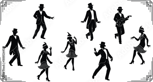 Black silhouettes of eight people dancing and playing guitar in 1920s attire