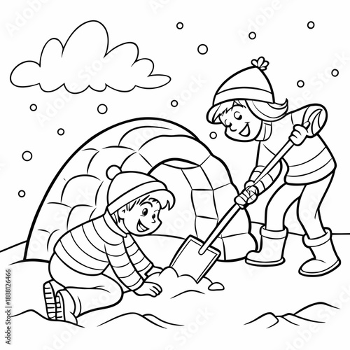WINTER BUNDLE —black and white illustration of coloring page Building Snow Cave