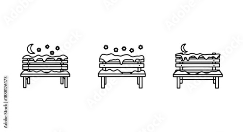 Snow-Covered Park Benches Icon Set: Winter Scene and Night Icons