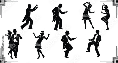 Black silhouettes of eight people dancing the charleston white