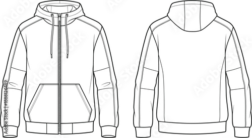 Front and back view technical hoodie jacket vector illustration, detailed apparel fashion flat sketch, modern casual sweatshirt design template for manufacturing and clothing production
