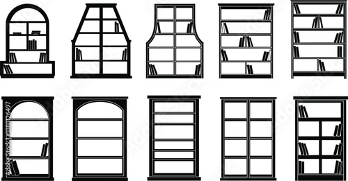 Black and white of various bookshelves and bookcases