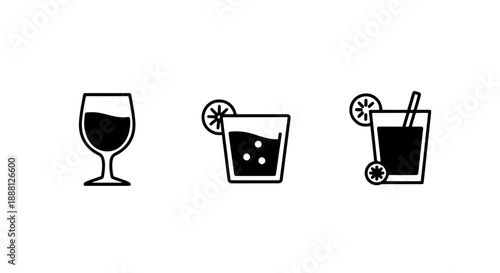 Drink Icons: Wine Glass, Cocktail, and Juice with Garnish