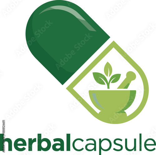 Herbal medicine capsule logo design with green natural leaves and mortar bowl symbol, organic supplement branding, alternative healthcare, pharmacy icon, wellness and botanical treatment concept