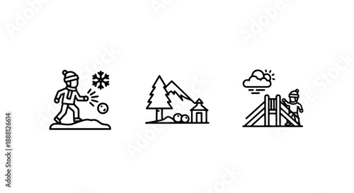 Winter Fun Icon Set: Snowball Fight, Mountain Cabin, and Playground