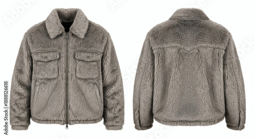 Gray faux fur jacket with zipper and pockets shown from front and back