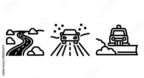 Winter Driving Icons: Winding Road, Snowfall on Highway, and Snowplow Clearing Path