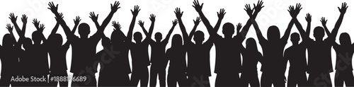 Silhouetted crowd of people raising arms in celebration, expressing unity, excitement, and collective joy against a white background—perfect for themes of community and emotion.
