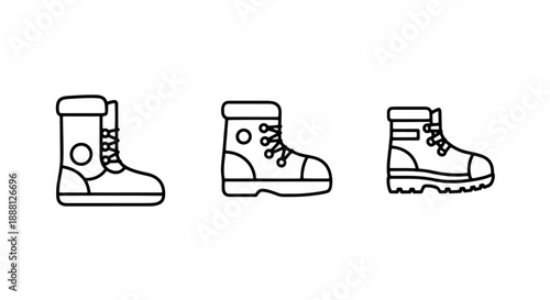 Rugged Boots Icon Set: Hiking Boots, Work Boots, and Outdoor Footwear Styles