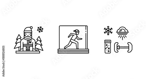 Winter activity icons featuring a person in snow, running, and health symbols