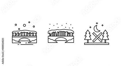 Winter bridge and forest icons with snow and moon for seasonal and travel themes