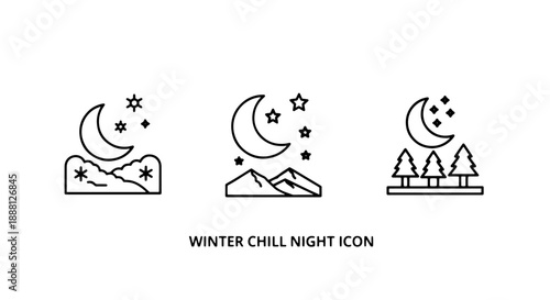 Winter night icons with moon, stars, and trees for serene, cold, and seasonal themes