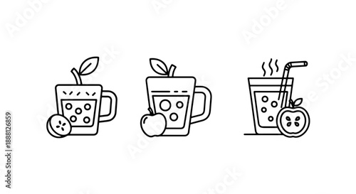 Fruity drink icons featuring cups and glasses with apples and citrus for refreshment