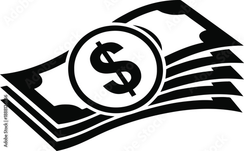 Money vector icon, stack of cash and coin with dollar sign, financial success, economic growth concept