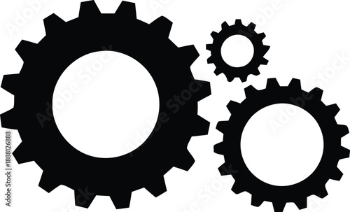 Illustration of three black gears meshing together on transparent background, representing mechanism, teamwork, industry and precision
