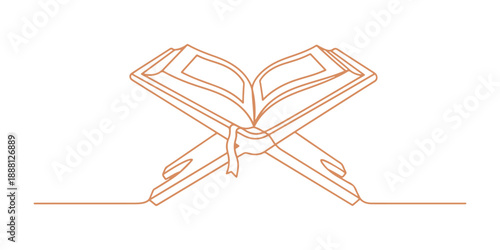 Koran. This is a thin line style continuous icon representing Islam, suitable for Islamic events or pictogram assets, including Ramadan Kareem and Eid Mubarak. Set of Islamic Line Art Icons. Ramadan