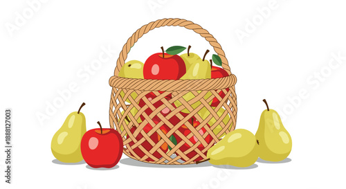 Wicker basket overflowing with fresh red apples and green pears arranged in a classic harvest still life composition.