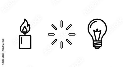 Light Source Icons: Candle Flame, Sunburst, and Incandescent Light Bulb