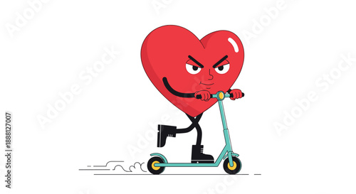Energetic red heart character wearing black boots and riding a turquoise kick scooter with a determined expression.