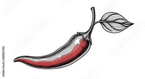 Highly detailed engraving style illustration of a single red chili pepper with a green leaf on a white background.