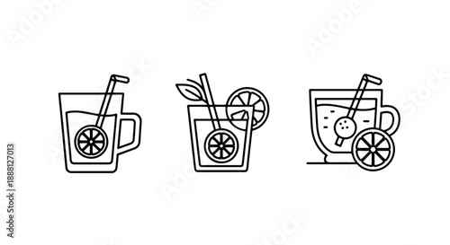 Refreshing drink icons with lemon and straw, vector illustration, simple line art, summer beverage concepts