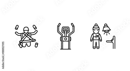Icons representing safety harness, exercise machine, and construction worker with lamp, vector graphics