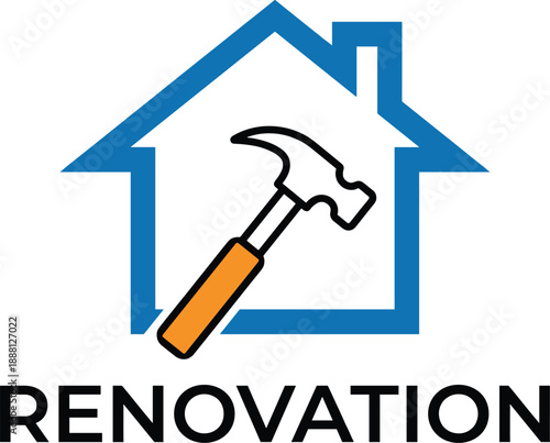 Modern home renovation logo with house outline and hammer icon, construction repair branding concept for remodeling services, real estate improvement, maintenance, and professional handyman solutions