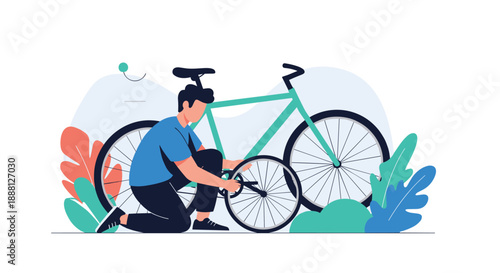 Flat vector illustration of a man kneeling and focused on repairing or maintaining a bicycle in an outdoor setting.