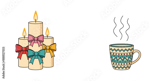 Cozy winter composition with three lit candles tied with colorful bows and a steaming mug with a geometric pattern.