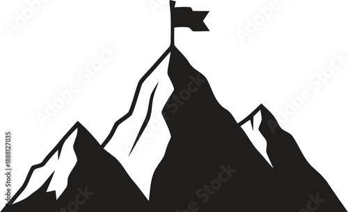 Mountain peak with flag on top symbolizing success accomplishment and reaching goal achievement