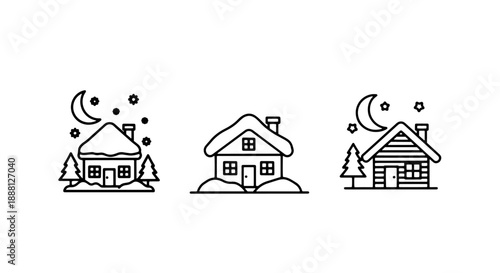 Cozy winter house icons with snow, moon and stars, vector illustrations, charming holiday season elements