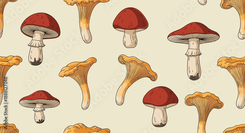 Seamless background pattern with various wild forest mushrooms like chanterelles and agarics in warm autumn tones.