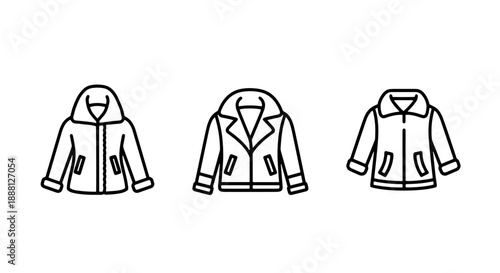 Collection of jacket icons, including puffer, collared, and collared zip-up styles, vector outline