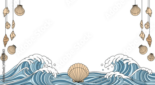 Decorative background with ocean waves at the bottom and hanging seashells on strings for a nautical beach theme.