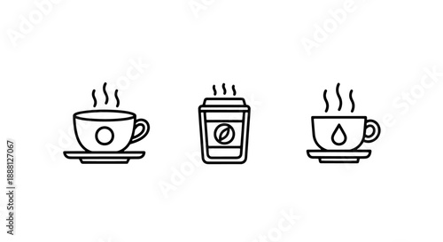 Hot coffee icons: classic cup, modern to-go mug, and teardrop-shaped cup, vector art