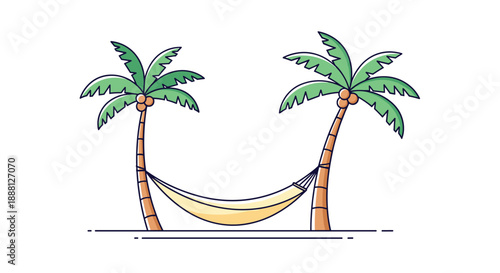Tropical illustration of a comfortable yellow hammock hanging between two tall coconut palm trees on a beach.