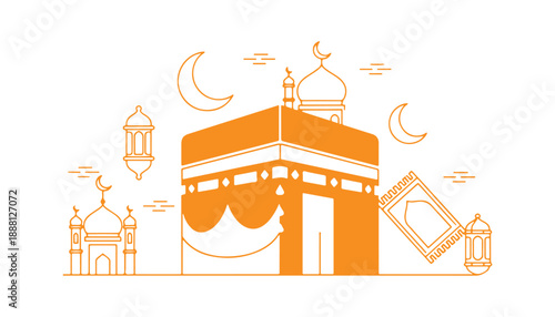 Kaaba. This is an Islamic continuous line icon featuring a thin line style, appropriate for Islamic events or pictogram assets, including Ramadan Kareem and Eid Mubarak.