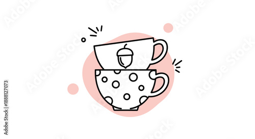 Simple line art of two stacked coffee cups featuring polka dots and an acorn icon with soft pink shapes behind.
