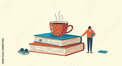 Creative illustration of a giant stack of books with a large polka dot coffee mug on top and a tiny woman standing.