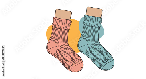 Illustration of a pair of thick knitted woolen socks in warm pink and turquoise colors for cold winter days.