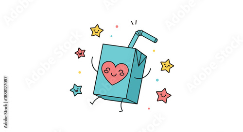 Cute turquoise juice box character with a happy face and heart dancing among colorful stars and confetti.
