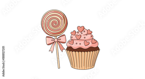 Pink swirl lollipop with a bow and a chocolate cupcake topped with heart decorations are shown together on a white background.