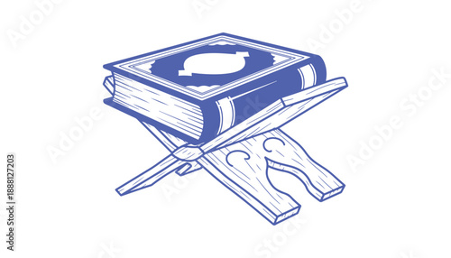 A hand-drawn representation of the Holy book of the Koran, or Quran, placed on a stand. This design is intended for a coloring book. Vector illustration.

