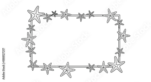 Rectangular frame is decorated with many hand-drawn starfish of different sizes in a black and white line art style for ocean themes.