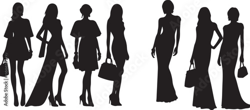 Black silhouettes of women in dresses and heels with handbags white background