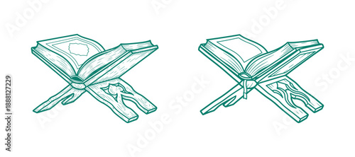 Illustration of the Holy book of the Koran, also known as the Quran, depicted in a hand-drawn style on a stand. This sketch is designed for a coloring book. Vector illustration.

