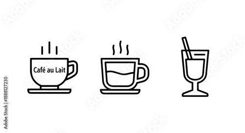 Icons of Hot Coffee, Cafe au Lait, and Iced Drink with Straw for Beverage Service