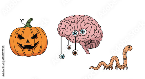 Halloween illustration features a carved pumpkin, a brain with multiple hanging eyeballs, and a long worm on a white background.
