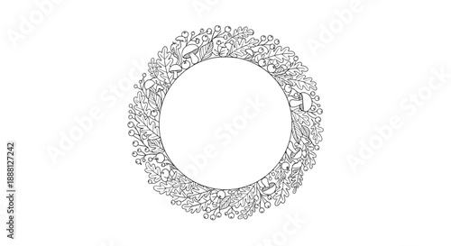 Detailed line art wreath made of autumn leaves, acorns, and mushrooms is shown in a circular arrangement on a white background.